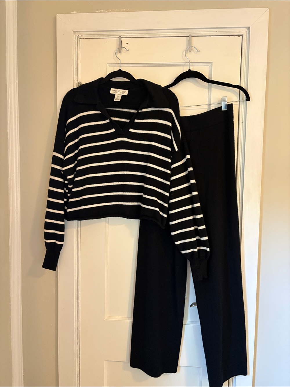 Vince Black & White Striped V-Neck Sweater with Black Wide-Leg Pants